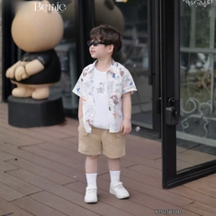 Set sơ mi 3 chi tiết tay ngắn cho bé trai họa tiết Mèo Khám Phá kèm quần short kaki size 9 tới 28kg BERNIE H1025B74Đ