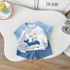 Set bộ ngắn tay raplang họa tiết Cá voi nghộ nghĩnh kèm quần short kaki cho bé trai size 9 tới 28kg BERNIE H1125B25