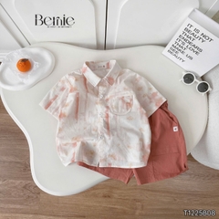 Set sơ mi cho bé trai áo tay ngắn họa tiết loang kèm quần short cho bé trai size 11 tới 28kg BERNIE T1225B08