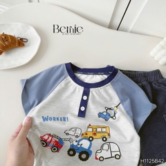 Set bộ cộc tay raplang họa tiết Worker Cars và quần short bé trai đi chơi đi biển 9 tới 25kg BERNIE H1125B42