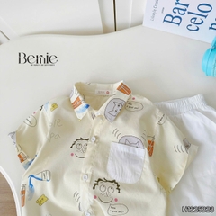 Set bộ sơ mi bé trai đi chơi đi biển áo tay ngắn họa tiết Papa Cat kèm quần short 11 tới 28kg BERNIE H1225B28