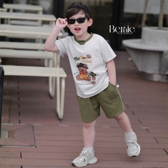 Set bộ tay ngắn họa tiết Gấu cao bồi và quần short đi chơi đi biển cho bé trai size 9 tới 25kg BERNIE H1125B38