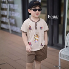 Set bộ tay ngắn cổ trụ họa tiết Gấu Funny và quần short đi chơi đi biển cho bé trai size 1 tới 7 tuổi BERNIE H1125B37