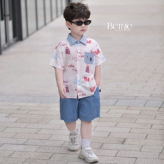 Set bộ đi chơi tay ngắn áo sơ mi họa tiết in tràn Idol cho bé trai kèm quần short denim size 11 đến 28kg BERNIE T1255B13