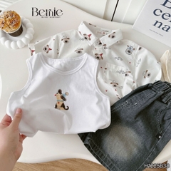  Set sơ mi 3 chi tiết áo tay ngắn họa tiết in tràn Cún áo ba lỗ kèm quần short kaki cho bé trai 9 tới 28kg BERNIE H1225B38