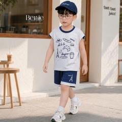 Set bộ cho bé trai áo tanktop họa tiết Bonjour phối màu kèm quần short size 9 tới 28kg BERNIE H0226B29