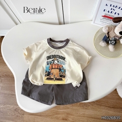Set bộ tay ngắn áo thun họa tiết Happy Worker kèm quần short kaki cho bé trai size 9 đến 28kg BERNIE H0326B35