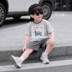 Set bộ bé trai áo thun tay ngắn họa tiết kẻ ngang Sausage Dog kèm quần short kaki cho bé trai size 9 đến 28kg BERNIE H0326B37
