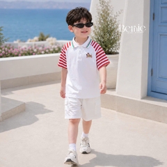 Set polo thêu ngựa áo tay ngắn raplang kẻ sọc kèm quần short kaki cho bé trai size 11 đến 28kg BERNIE H0226B35