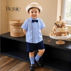Set sơ mi bé trai công tử màu xanh trắng có nơ mặc thôi nôi sinh nhật sự kiện 1 đến 7 tuổi BERNIE H0725B73
