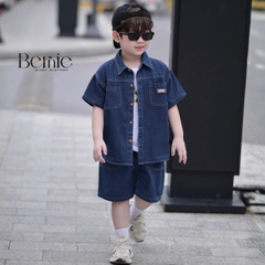 Set bộ sơ mi denim cho bé trai áo sơ mi phối túi kèm quần short size 9 đến 28kg BERNIE T0126B13Đ