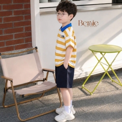 Set bộ thun áo polo tay ngắn họa tiết kẻ sắc màu kèm quần short kaki cho bé trai size 11 đến 28kg BERNIE H0226B37