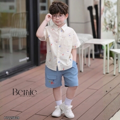Set bộ sơ mi tay ngắn họa tiết Pony Sport kèm quần short denim size 11kg tới 28kg BERNIE H1225B39