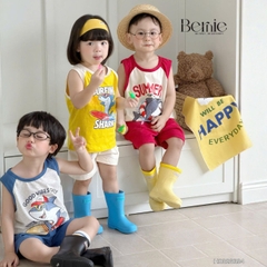 Set bộ ba lỗ áo thun phối màu họa tiết Baby Shark kèm quần short cho bé trai đi chơi đi biển size 1 tới 7 tuổi BERNIE H0326B34