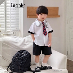 Set sơ mi 3CT Lucky Cool ngầu cho bé trai áo tay ngắn và quần short kèm cà vạt rời size 11 tới 28kg BERNIE T0326B29