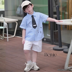  Set sơ mi 3CT cho bé trai áo tay ngắn phối cà vạt kèm quần short bé đi học đi chơi 11 tới 28kg BERNIE H0326B45