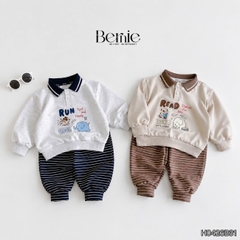Set bộ dài tay cho bé trai áo polo cổ dệt Lucky Stories phối quần dài kẻ sọc size 11 tới 28kg BERNIE H0426B31