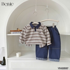 Set bộ dài tay cho bé trai áo polo họa tiết kẻ thêu Dog phối quần dài suông denim size 11 tới 28kg BERNIE V0426B37