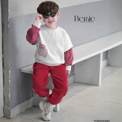 Set bộ cotton phối kẻ BNE Sport áo tay dài kèm quần cho bé trai size 9 tới 25kg BERNIE T0526B35