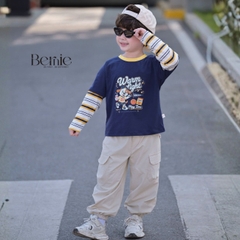 Set bộ dài áo thun cotton tay phối kẻ Play Time kèm quần gió dài cho bé trai size 11 tới 28kg BERNIE T0426B12