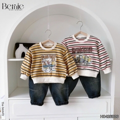 Set bộ dài thu đông áo dài tay kẻ họa tiết Fun Day kèm quần jean dài size 9 tới 28kg BERNIE H0426B26