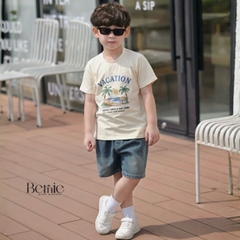 Set bộ bé trai áo thun tay ngắn họa tiết dừa be đi biển kèm quần short jean cho bé trai size 9 đến 25kg BERNIE H0426B51Đ