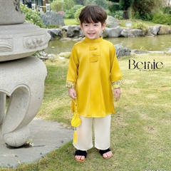 Áo dài bé trai kèm quần bé trai lụa gân màu đỏ màu vàng phối gấm rồng BERNIE bé từ 9 đến 24kg 22b490