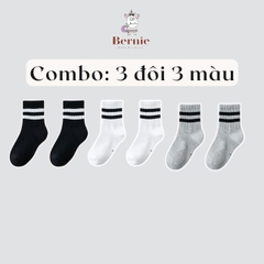 Tất vớ thể thao unisex cổ cao sọc viền cho bé trai bé gái màu trắng đen xám 1 đến 5 tuổi BERNIE