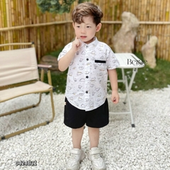 Set đồ bộ sơ mi tơ đũi ngắn tay cho bé trai đi biển đi chơi áo họa tiết hoa lá cây dừa nổi bật kèm quần BERNIE