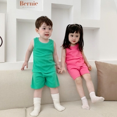 Set đồ bộ thun ngắn tay ba lỗ cho bé trai bé gái hàn quốc màu trơn chất thun tăm mặc nhà đi học BERNIE từ 1 đến 7 tuổi