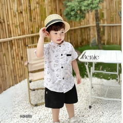 Set đồ bộ sơ mi tơ đũi ngắn tay cho bé trai đi biển đi chơi áo họa tiết hoa lá cây dừa nổi bật kèm quần BERNIE
