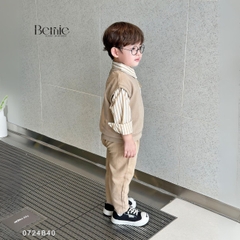 Set gilê kẻ 3 chi tiết áo sơ mi dài tay áo gi lê quần kaki cho né trai 1 đến 7 tuổi BERNIE 0724B40