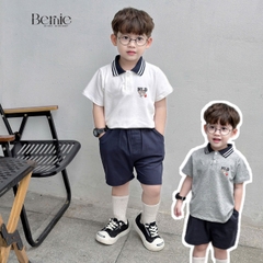  Set bộ thun polo cổ dệt tay ngắn cho bé trai họa tiết in chữ kèm quần short kaki size 1 đến 7 tuổi BERNIE 0824B15