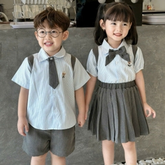 Set bộ sơ mi đồng phục học sinh ngắn cho bé trai bé gái áo sơ mi kèm nơ  cà vạt 1 đến 7 tuổi BERNIE 0724B42