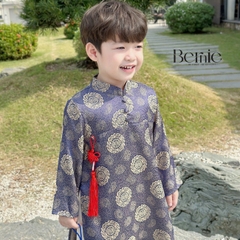 Áo dài cách tân bé trai mặc tết chất lụa in vân gấm in chìm sang trọng, màu xanh màu đỏ cho bé trai 10 đến 25kg BERNIE  924B17