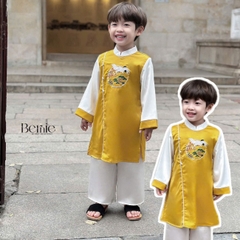 Áo dài cách tân bé trai mặc tết chất lụa in phối màu thêu hạc, màu đỏ màu vàng cho bé trai 10 đến 25kg BERNIE H1024B17