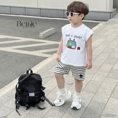 Set bộ tanktop bé trai áo thun ba lỗ in họa tiết kèm quần short kẻ sọc 1 đến 7 tuổi BERNIE T0225B28