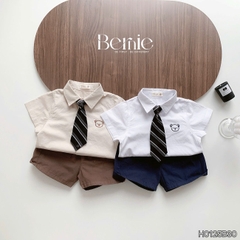 Set bộ sơ mi tay ngắn thêu gấu kèm cà vạt rời và quần short cho bé trai từ 9 đến 25kg BERNIE H0125B30