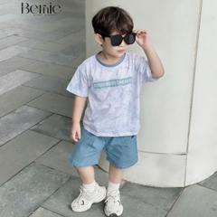 Set bộ loang tay ngắn cho bé trai họa tiết in chữ áo thun phối màu kèm quần short jean size 9 đến 28kg BERNIE H1124B83