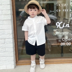 Áo sơ mi trắng ngắn tay cổ trụ, cổ tàu cho bé trai size 1 tuổi tới 7 tuổi Bernie T0625A26