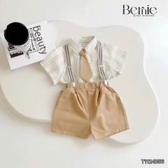 Set bộ sơ mi công tử chất đũi kẻ 4 chi tiết quần short kèm đai kẹp và cà vạt size 1 đến 6 tuổi BERNIE T1124B56