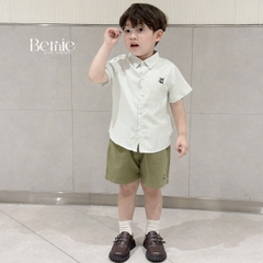 Set sơ mi ngắn tay kẻ sọc bé trai họa tiết thêu cáo kèm quần short cho bé từ 9kg tới 28kg BERNIE P0125B28