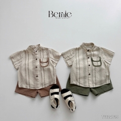 Set sơ mi cổ trụ chất đũi ngắn tay họa tiết thổ cẩm kèm quần short kaki cho bé từ 9kg tới 28kg BERNIE T1124B19