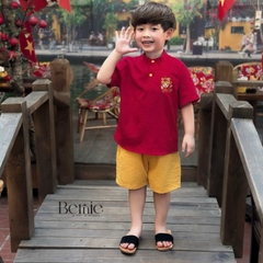  Set bộ sơ mi cổ trụ chất đũi cộc tay cho bé trai họa tiết mua Lân trung thu và Tết size 9 tới 28kg BERNIE H0525B32
