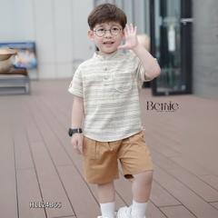  Set bộ sơ mi cổ trụ kẻ ngang phối túi viền kèm quần short kaki cho bé trai size 9 đến 28kg BERNIE H1124B65