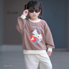 Set bộ nỉ tay dài kẻ sọc ngang phối màu họa tiết hình in cún dễ thương kèm quần dài unisex bé trai bé gái size 1 đến 7 tuổi BERNIE H0625B21