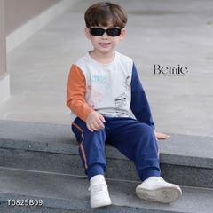 Set bộ thun cotton dài tay cho bé trai áo thun họa tiết hình in dễ thương kèm quần dài size 9 tới 28kg BERNIE T0825B09