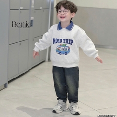 Set bộ polo dài tay cho bé trai áo polo nỉ họa tiết Enjoy the space kèm quần jean dài size 9 tới 28kg BERNIE H0525B37