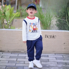 Set bộ dài tay cố áo và tay phối màu chất cotton họa tiết xe cẩu kèm quần dài size 9 tới 25kg BERNIE H1025B47