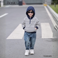Áo hoodie dài tay unisex kẻ ngang phối mũ và dây kéo cho bé trai bé gái size 9 tới 28kg BERNIE T1025A35Đ